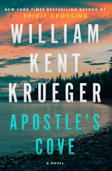 Book cover of "Apostle's Cove" by William Kent Krueger, with a lake, forest, and colorful sunset sky.