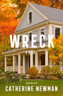 Book cover with a white house, autumn trees, a bicycle, and the title "Wreck" by Catherine Newman.