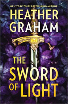 Book cover for "The Sword of Light" by Heather Graham, featuring a sword over purple leaves.