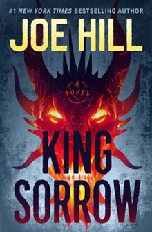 Book cover for "King Sorrow" by Joe Hill, featuring a fiery demonic face with glowing eyes and horns.