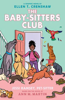 A girl stands in a room surrounded by many animals, including cats, dogs, a snake, and a bird.