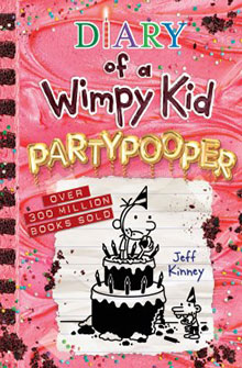 Book cover of "Diary of a Wimpy Kid: Partypooper" with a pink frosted cake and cartoon characters.