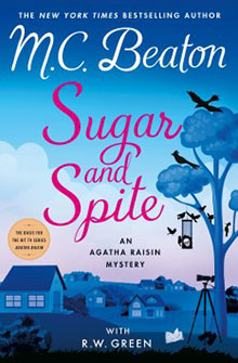 Book cover for "Sugar and Spite" by M.C. Beaton, featuring houses, birds, and a blue, pink, and purple sky.