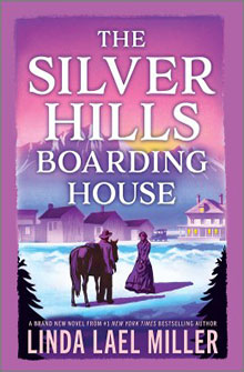 Book cover: A woman with a horse stands on a snowy field near houses at sunset. Title: The Silver Hills Boarding House.