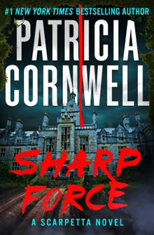 Book cover for "Sharp Force" by Patricia Cornwell, featuring a grand, eerie mansion under a dark sky.