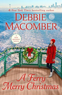 A woman in a red coat stands on a ferry deck decorated with a holiday wreath; "A Ferry Merry Christmas" cover.