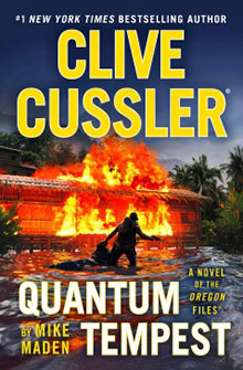 Book cover: "Quantum Tempest" by Clive Cussler. A burning building and two figures in a boat on water.