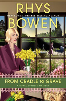 A woman holding yellow flowers stands indoors by a window, with a garden visible outside. Book title: From Cradle to Grave.