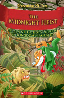 Geronimo Stilton swings on a vine toward a tiger in a jungle on the cover of "The Midnight Heist.