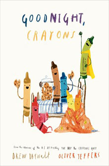Book cover of "Goodnight, Crayons" featuring colorful crayon characters in a playful bedtime scene.