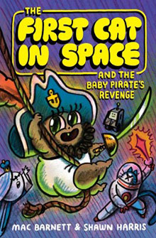 A pirate cat with a blue hat swings a sword, joined by a robot and another character; bold yellow title text.