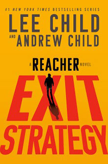Book cover of "Exit Strategy" by Lee Child and Andrew Child, featuring bold red and black text on a yellow background.