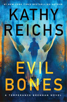 Book cover for "Evil Bones" by Kathy Reichs, showing a skull with a silhouette of a person inside.