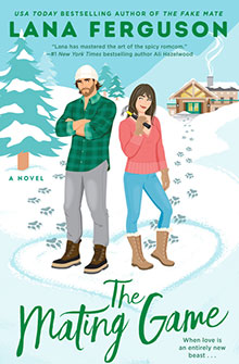 A man and woman stand in snow near a cabin, trees, and paw prints; book title: "The Mating Game.