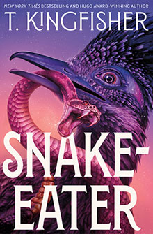 A large bird with dark feathers holds a pink snake in its beak. The text reads "Snake-Eater" by T. Kingfisher.