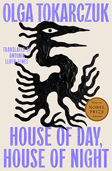 Book cover for "House of Day, House of Night" featuring a black abstract bird and Nobel Prize sticker.