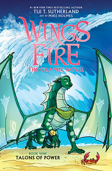 A green dragon with wings stands on a beach; "Wings of Fire: Talons of Power, The Graphic Novel" is the title.
