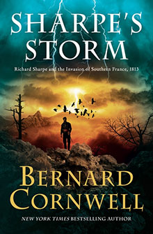 Book cover: "Sharpe's Storm" by Bernard Cornwell; silhouette of a soldier, birds, lightning, dramatic sky.