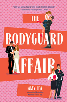 Book cover for "The Bodyguard Affair" by Amy Lea, featuring illustrated couples on a pink heart-patterned background.
