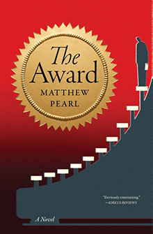Book cover for "The Award" by Matthew Pearl, featuring a gold seal and a man standing on steps against a red background.