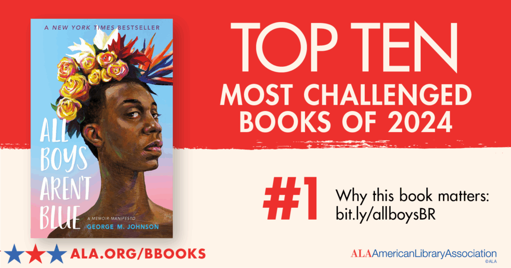 Book cover of "All Boys Aren't Blue" and text: Top Ten Most Challenged Books of 2024, #1, ALA, American Library Association.