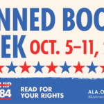 Banned Books Week, October 5–11, 2025, with stars and text about censorship and reading rights.