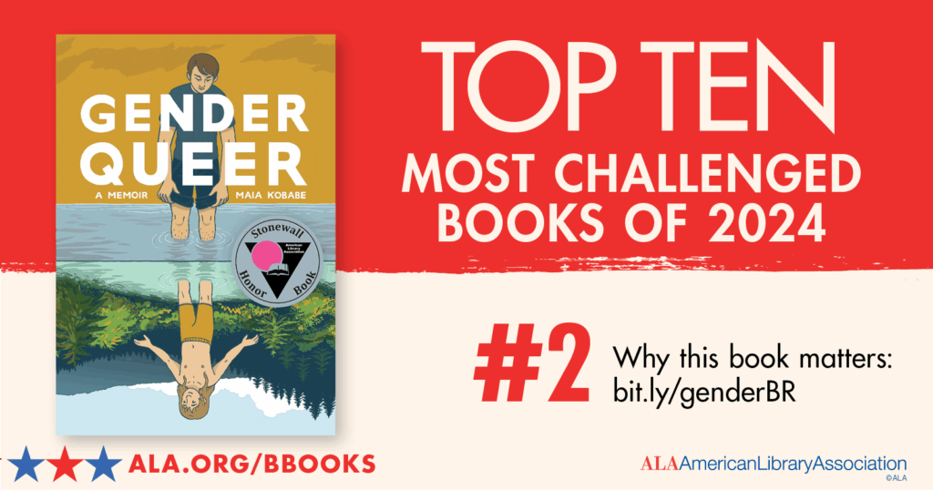 Cover of 'Gender Queer' with text: Top ten most challenged books of 2024, ranked #2. ALA.org/bbooks.