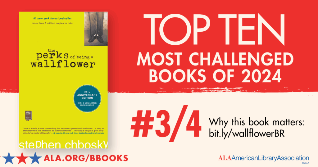 Book cover of "The Perks of Being a Wallflower" with text: Top Ten Most Challenged Books of 2024, #3/4.