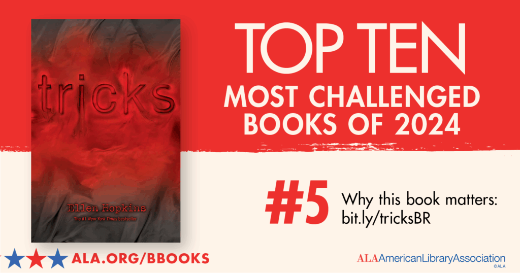 Cover of 'Tricks' by Ellen Hopkins, ranked #5 in the Top Ten Most Challenged Books of 2024 by ALA.