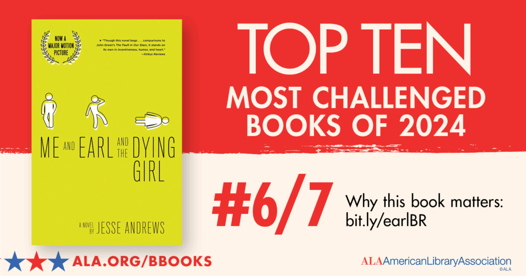 Book cover of "Me and Earl and the Dying Girl" listed as a top challenged book of 2024 by the ALA.