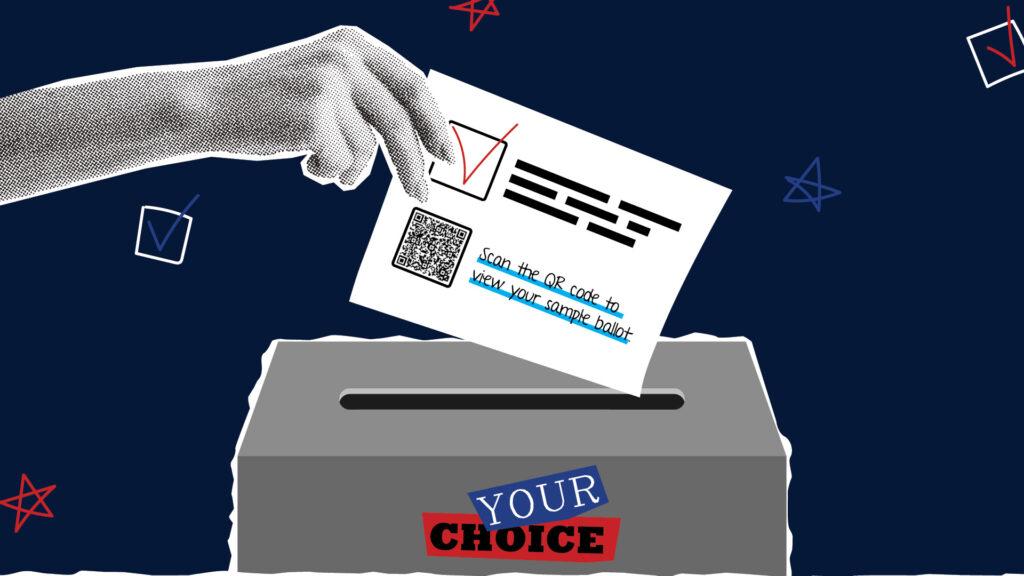 Hand placing a ballot into a gray box labeled "Your Choice" with red and blue stars in the background.