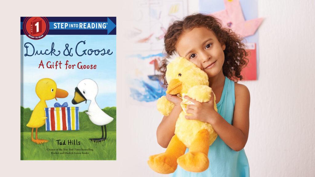 Child holding plush duck toy next to a book titled "Duck & Goose: A Gift for Goose" by Tad Hills.