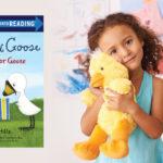 Child holding plush duck toy next to a book titled "Duck & Goose: A Gift for Goose" by Tad Hills.