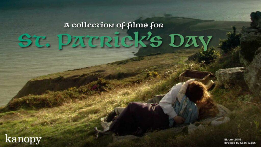 Couple lying on a grassy hill by the sea, promotional text for St. Patrick's Day film collection.