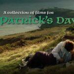 Couple lying on a grassy hill by the sea, promotional text for St. Patrick's Day film collection.