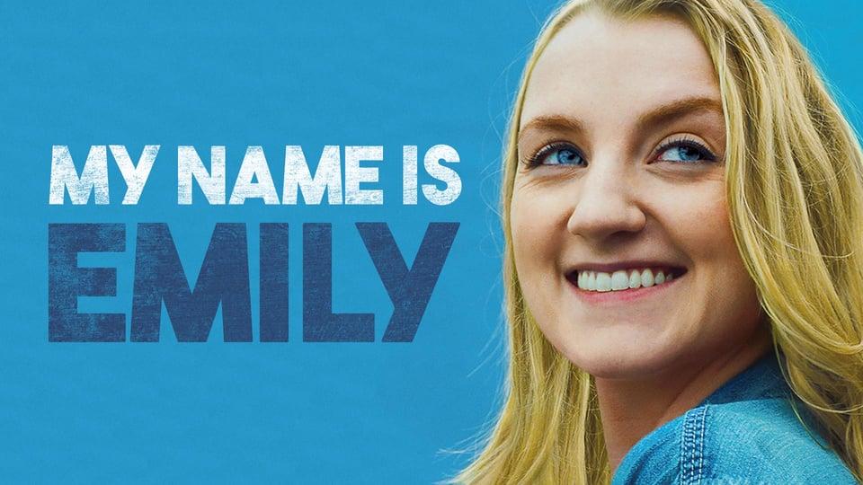 Person with long blonde hair smiling against a blue background; text reads "My Name is Emily.