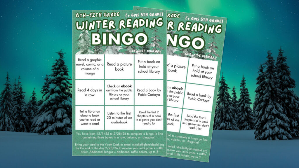 Two winter-themed library bingo cards for kids, set against a snowy forest background.