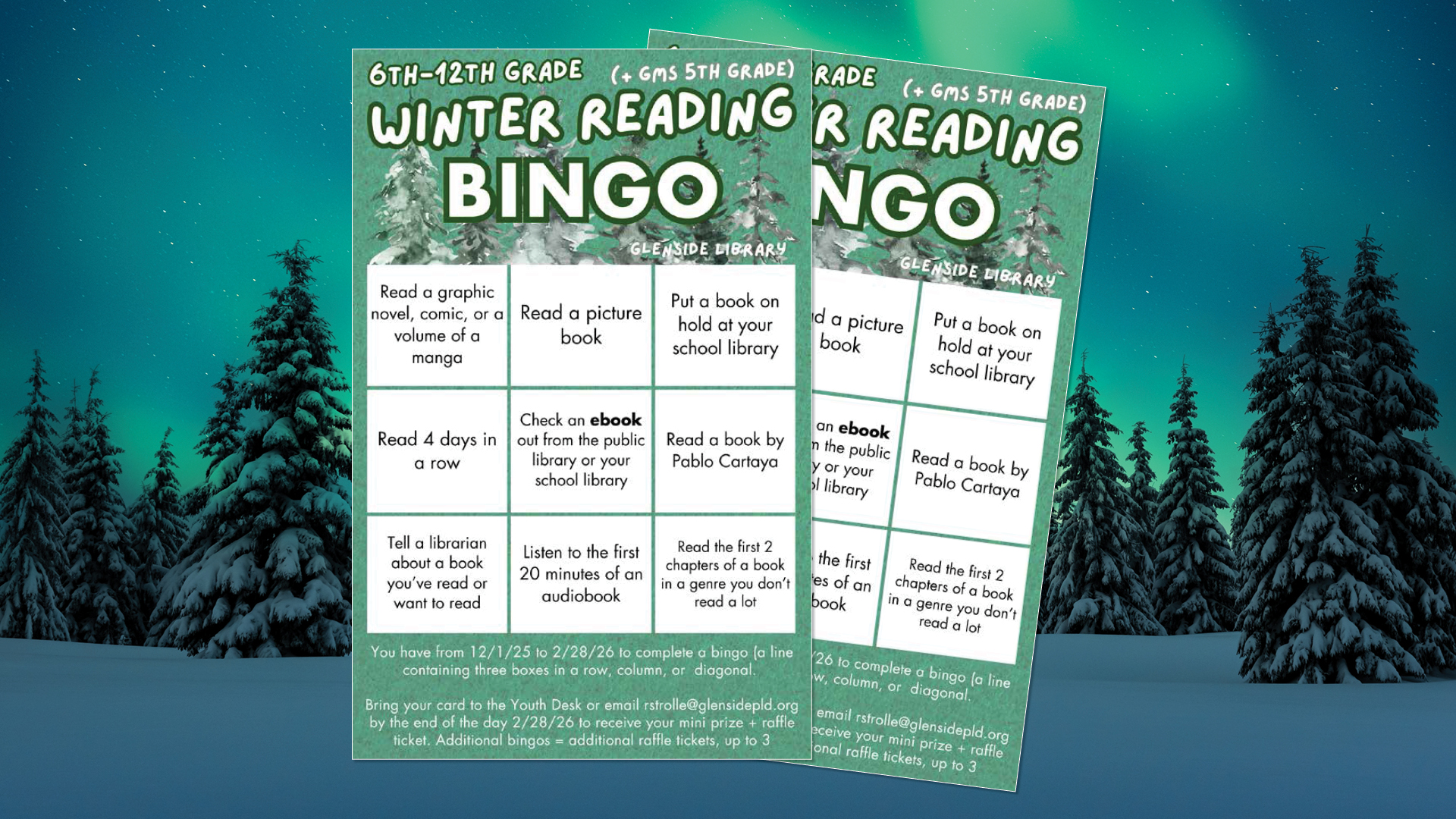 Two winter-themed library bingo cards for kids, set against a snowy forest background.
