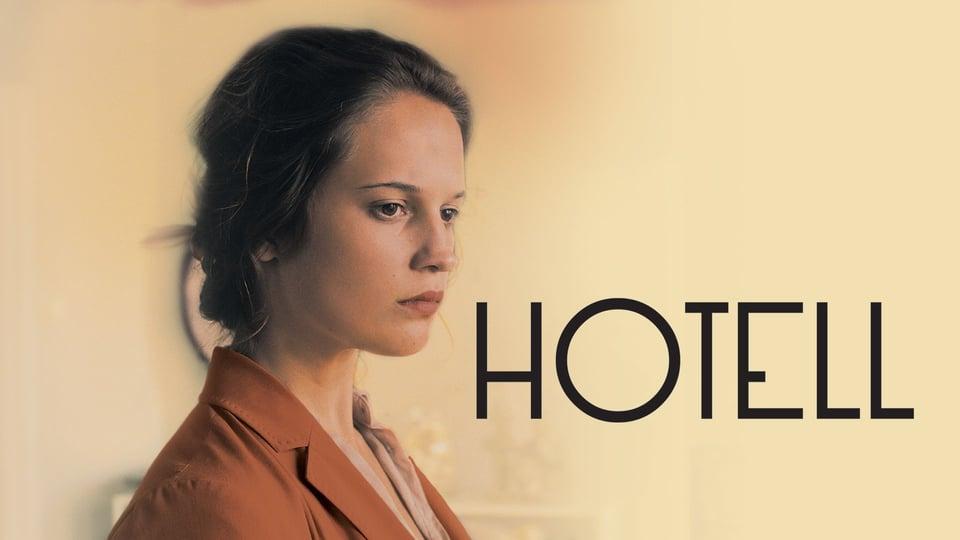 Woman in an orange jacket looks thoughtful; the word "HOTELL" is beside her on a soft yellow background.