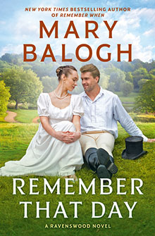 A woman in a white dress sits beside a man on grass; "Remember That Day" by Mary Balogh is the book title.
