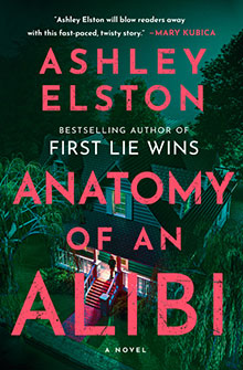 A house at night with two people on the porch, overlaid with the book title "Anatomy of an Alibi" by Ashley Elston.