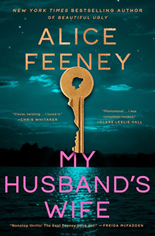 Book cover for "My Husband's Wife" by Alice Feeney, featuring a large gold key over a night sky and water.