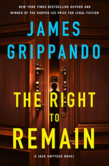 Book cover of "The Right to Remain" by James Grippando, featuring a dark wooden door with brass fixtures.