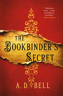 Red book cover with gold ornate design, torn paper effect, and title "The Bookbinder's Secret" by A.D. Bell.