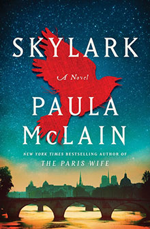 Book cover for "Skylark" by Paula McLain, featuring a red bird silhouette over a city skyline at dusk.