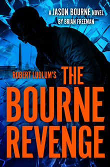 Book cover for "The Bourne Revenge" with an orange title and a shadowy figure against a blue, shattered glass background.