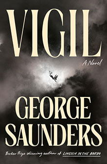 Book cover for "Vigil" by George Saunders, featuring a person falling through a cloudy, dark sky.