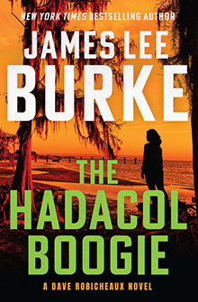 Book cover for "The Hadacol Boogie" with a silhouette by a bayou at sunset and bold text.