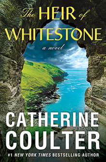 Book cover: "The Heir of Whitestone" by Catherine Coulter, with a coastal landscape seen through a stone window.