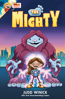 A girl stands glowing in front of a large, smiling furry creature with a city skyline in the background.